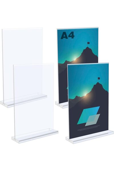 Slasa 4 × حامل لافتات أكريليك، حامل طاولة على شكل حرف T مقاس A4، تصميم على شك...
