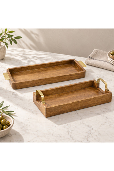 Crafted by Lifestyle صينية تقديم من خشب المانجو مع مقبض معدني