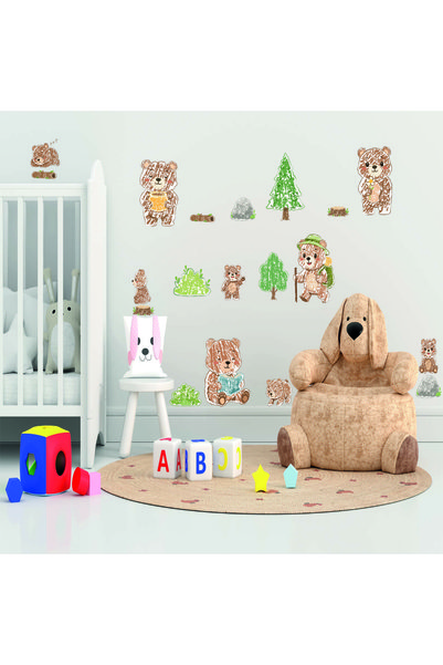 Büyük Boy Sevimli Ayılar Orman Konsepti Bebek ve Çocuk Odası Duvar Sticker Seti (18 Parça )