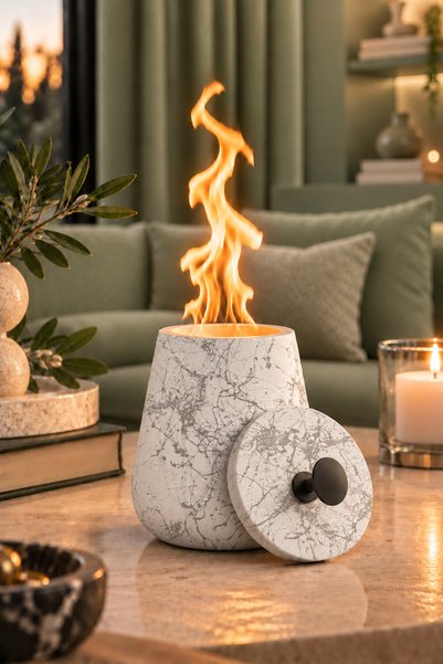betonmall Mini Masaüstü Bioethanol Şömine Beton Gövdeli Cam Hazneli Dekoratif...