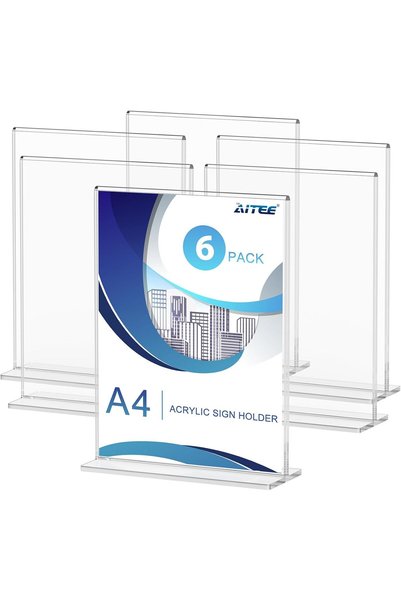 Slasa A4 Acrylic Sign Holder: 6 Pack A4 Menu Holder T-Shaped Double-Side Display