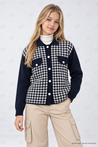Minimoda Kids Kız Çocuk Kazayağı Desenli Gömlek Yaka Düğmeli Triko Hırka