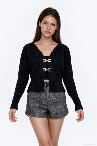 Quzu Gold Buckle V-Neck Knitwear Cardigan Black