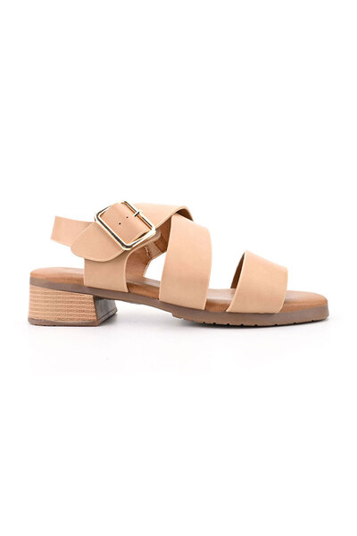 OEM Women’s sandals, with chunky heels, made from faux leather, SA68, beige