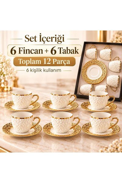 valkyrie Şehrazat Serisi 6 Kişilik 12 Parça Kahve Fincan Takımı – Kabartmalı Desenli, Altın Detaylı