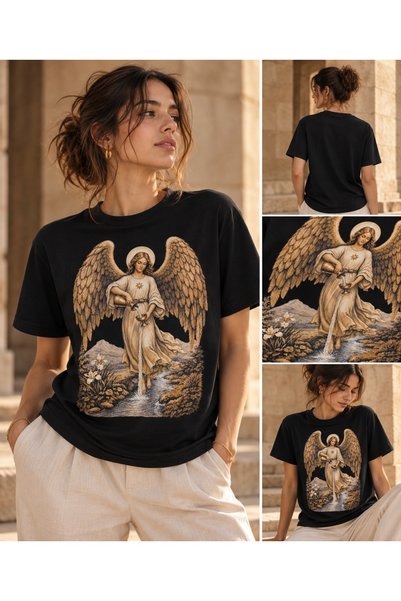 Hand's of ezo Ezo Denge Melek Printed 100% Cotton Black Oversize T-Shirt