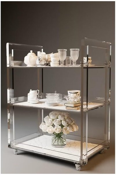 Rassam Al Khaleej Luxury 3-Tier Acrylic Rolling Serving Cart, Transparent Mob...