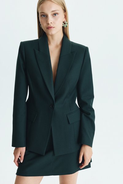 Roman Tek Düğmeli Beli Oturtmalı Klasik Blazer Ceket Yeşil KK016031_012