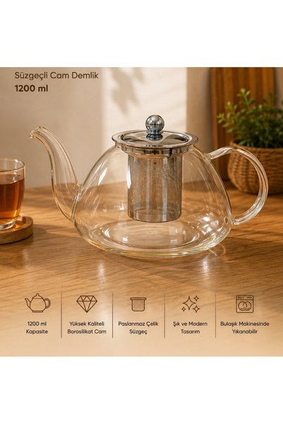 MİMOZA PARK 1200 Ml Isıya Dayanıklı Borosilikat Süzgeçli Cam Demlik - Bitki D...