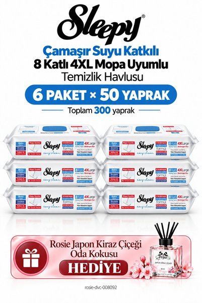 Sleepy Çamaşır Suyu Katkılı 8 Katlı 4XL Mopa Uyumlu Havlu 6'lı Mega Set 50 Yaprak - Rosie Oda Kokusu Hediyeli