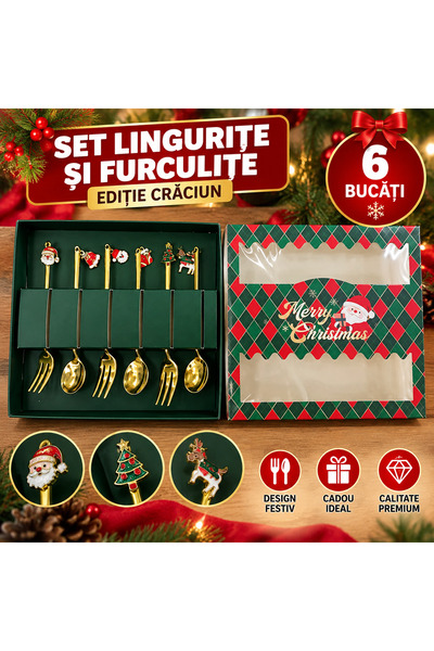Generic Brand Set 6 Tacamuri de Craciun, 3 Lingurite si 3 Furculite Aurii