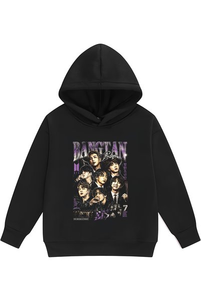PANDORICA سويت شيرت بقلنسوة بدون جيوب للأطفال مطبوع عليه BTS Bangtaan KPOP
