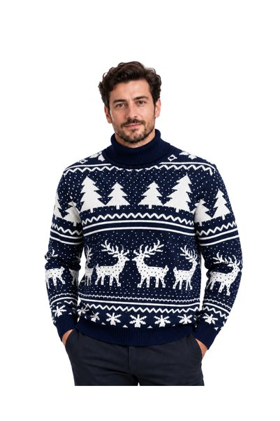 BattalModa Navy Blue Deer Patterned Turtleneck Christmas Sweater M-L-Xl-2Xl