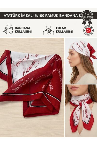MODA وشاح باندانا وشال مصنوع من القطن بنسبة 100% بتوقيع أتاتورك - أبيض/أحمر م...