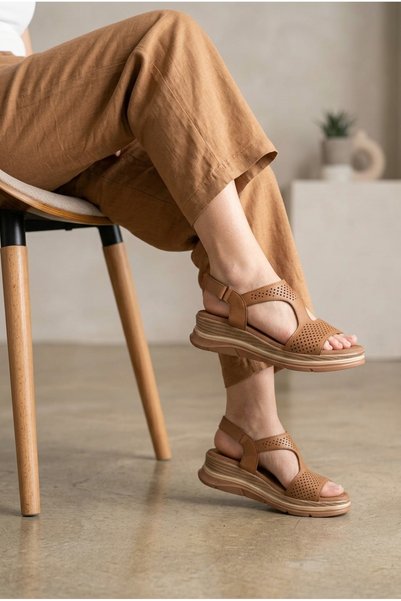 MERVESTORE Women's Leather Laser Cut Perforated Velcro Thick Sole Sandals