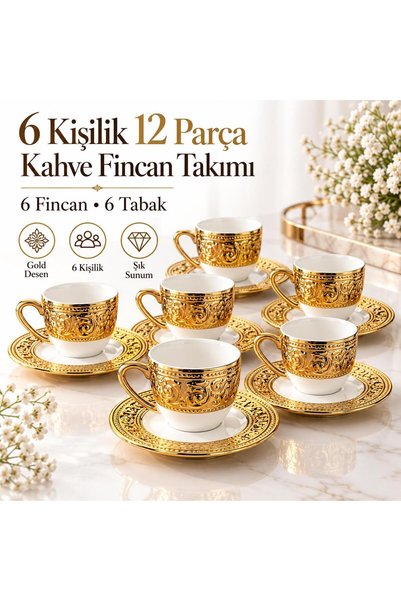 valkyrie Harem Serisi 6 Kişilik 12 Parça Kahve Fincan Takımı – Gold Detaylı Ş...