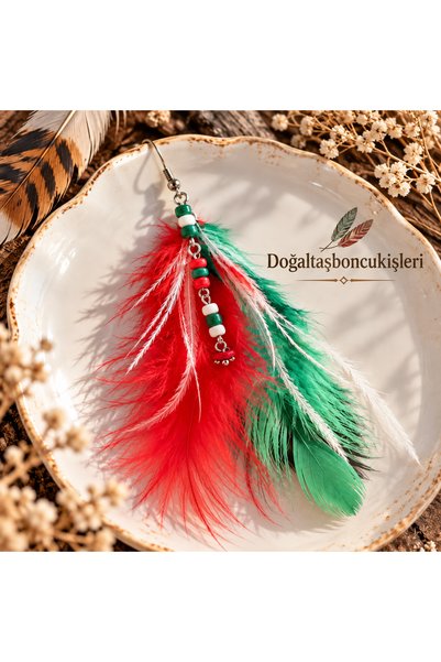 doğaltaşboncukişleri Feather Earrings Red Green Bohem