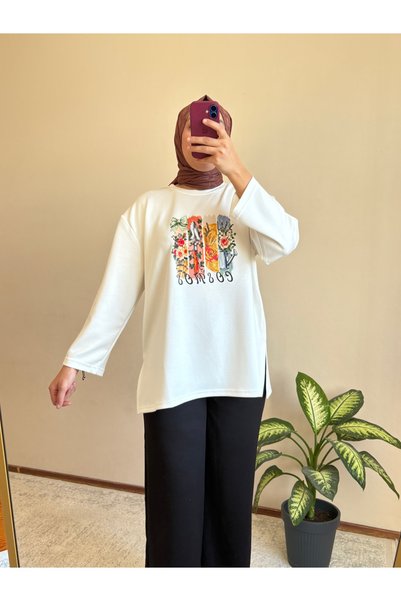 ELORİA H.A.Y Çiçek Baskılı Oversize Sweatshirt- BEYAZ
