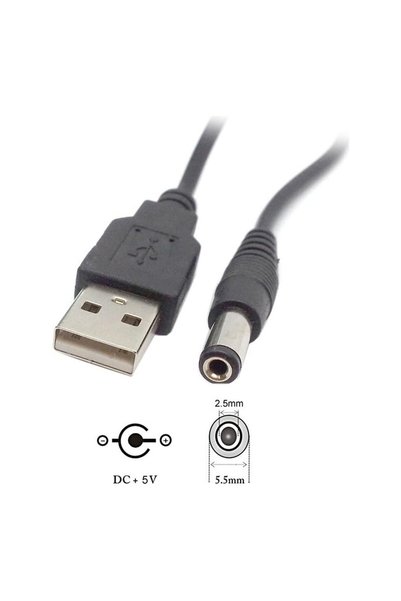 Derwell 1 Metre 1mt USB Dc 5.5x2.5mm Güç Kablosu 5V Dc Güç Kablosu, USB 2.0 Erkek - Dc 5.5mm x 2.5mm Erkek Güç Kablosu