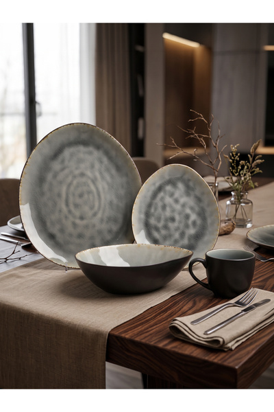 Master 16 Piece Stoneware Dinnerware Set for 4 - Modern Gray Egg Shape Design...
