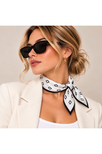 peralist Bandană plisată cu imprimeu cu model de diamante negre ecru 45x45 cm