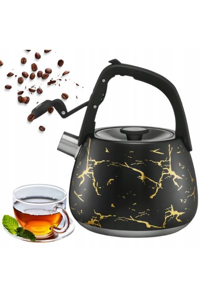 Ambition Fierbător tradițional din oțel Marble de 2,3 l cu fluier, negru, auriu