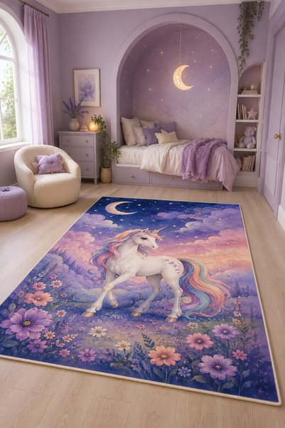 on the clouds Unicorn Desenli Çocuk Halısı Dijital Baskılı Kaymaz Taban Yıkan...