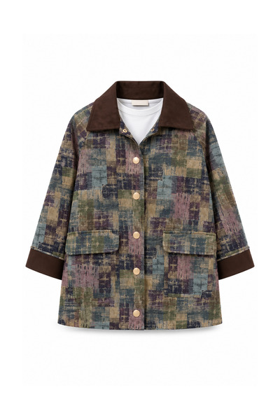 Balenbi Women's Jacquard Woven Sleeve and Collar Suede Detailed Ethnic Patterned Jacket 400 Khaki - Premium Series
