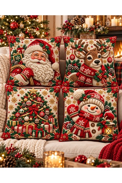 menesahome New Year's Santa Claus, Deer, Snowman, Knitted Effect, Digital Printed, Set of 4 Gift Throw Pillow Covers