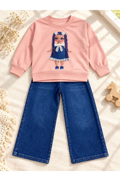 İncilay Kız Çoçuk Bebek Baskılı Pembe Sweatshirt Ve Geniş Paça Kot Pantolon İ...