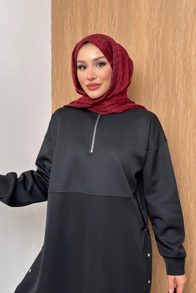 Mihran Butik Scubaflex Comfort Flexible Textured Zipper Detailed Women's Hijab Set