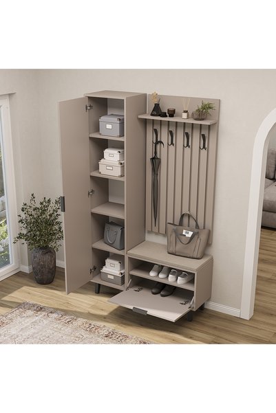 ROOMART Nord Vestiyer Takımı Lambri Askılıklı, Kapaklı Bench, Boy Doabı , Modüler Portmanto Takımı