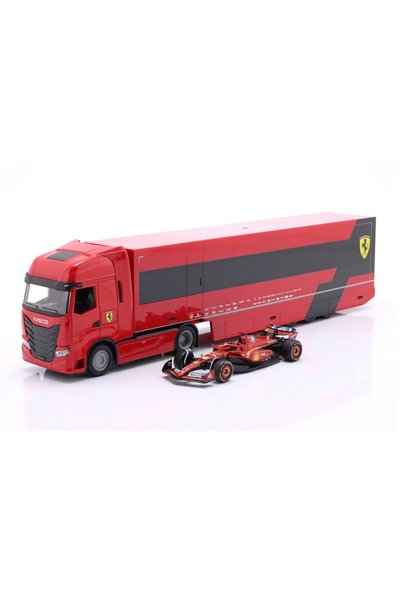 BBURAGO CAMION IVECO S-WAY CU REMORCĂ + BOLID F1 FERRARI LECLERC 1:43