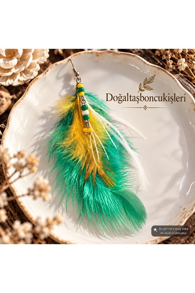 doğaltaşboncukişleri Feather Earrings Green Yellow Bohem