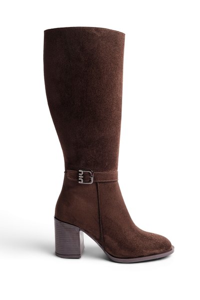 BAHRİNA Women's Brown Suede Thermo Rubber Sole Heeled Boots with Stone Buckle