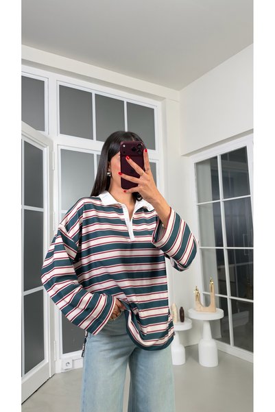 GAUS CO Zümrüt Polo Yaka Şeritli Bluz GAUS-02306