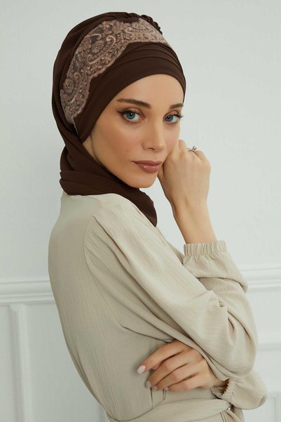 METKAR Chiffon Ready Turban with Lace Accessories and Scarf, Ht-53, Ht-53 Brown