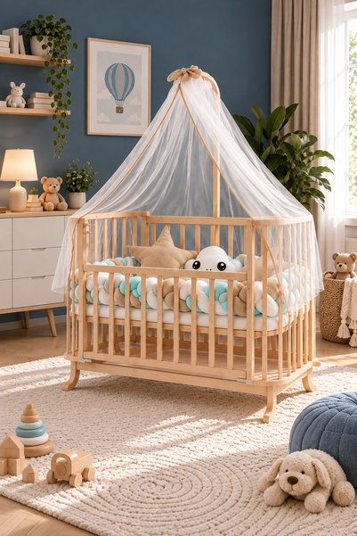 BebeK on For Mabela Beşik Ahşap Mint-Kahve Krem Örgü Koruma Set Ile
