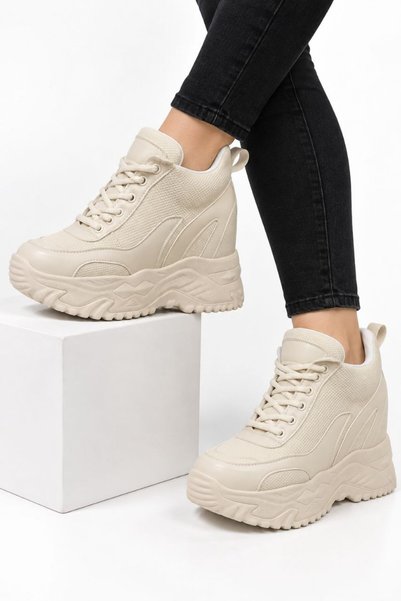 ELVI Cream Color Women's Internal High Wedge Heel Sneakers Height 10 cm
