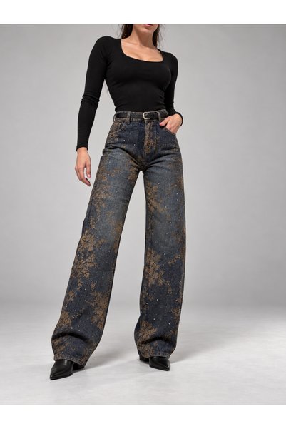 Anysa Blugi damă wide-leg, imprimeu auriu și strasuri NEW IN