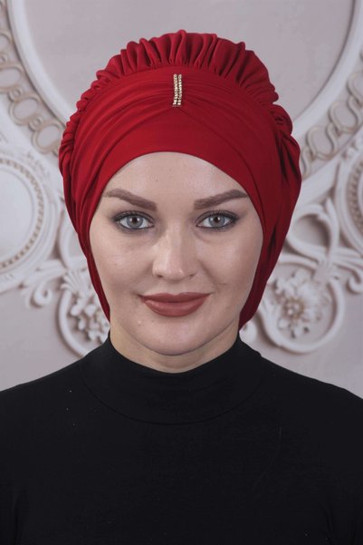 METKAR Ready-Made Bonnet with Draped Stones Red
