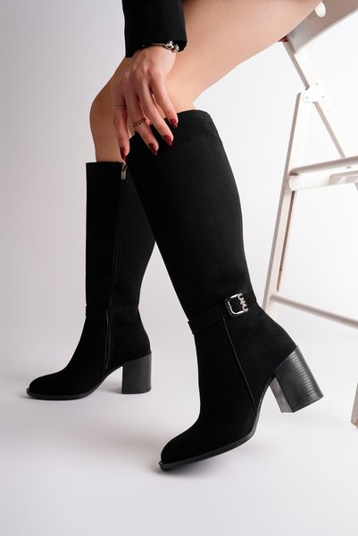 BAHRİNA Women's Black Suede Thermo Rubber Sole Heeled Boots with Stone Buckle