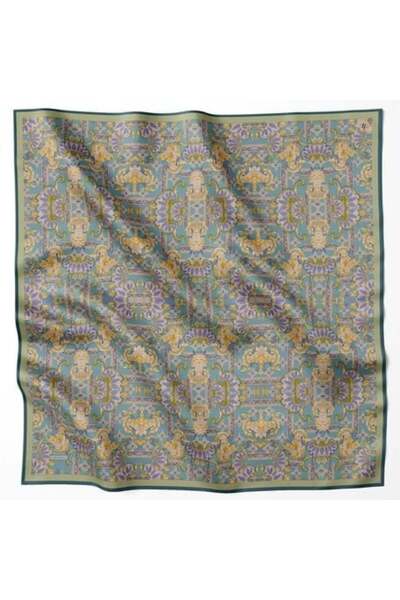 Armine Nostalji Sura Saf İpek Eşarp 9416 52 Petrol Mavisi Etnik Desen