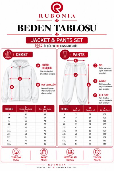 Rubonia Men's 3-Piece Tracksuit Set, Hooded, Zippered, Logo Printed Sweatshirt, Patterned T-Shirt, Rubberized Hem Jogger Pants, Sports Set
