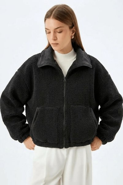 K KOZZ STYLE Black Suede Detailed Lamb Bomber Jacket