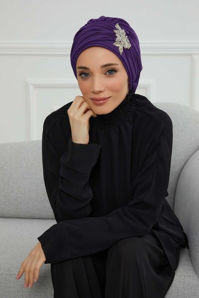 METKAR عمامة شيفون جاهزة مع إكسسوارات زهور حجرية مطوية، HT-105، HT-105 بنفسجي