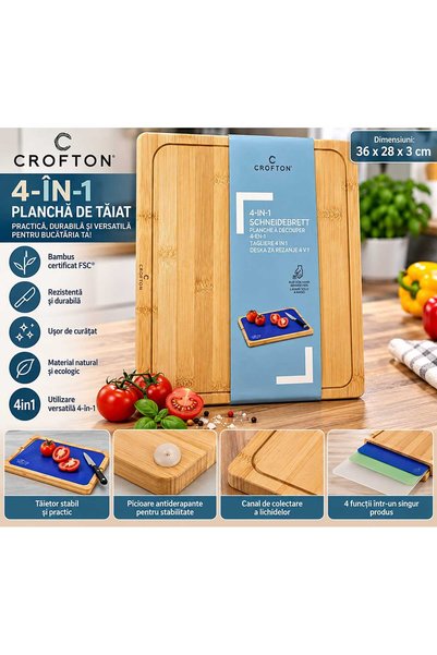 CROFTON Tocător Premium 4 în 1 din Bambus – 3 Suprafețe de Tăiere