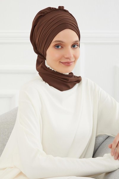 METKAR عمامة جاهزة من الشيفون بتصميم وشاح كروس فويل، HT-48 بني