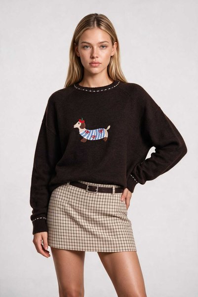 Lovelyİstanbul Embroidered Oversize Knit Sweater Lyy0150 Brown