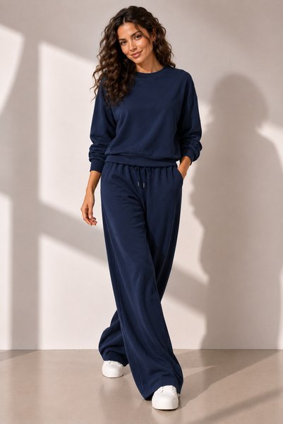 Mossta Modal Fabric Relaxed Fit Wide Leg Double Suit Set Navy Blue